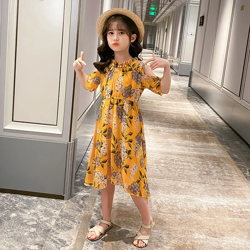 European 2023 Summer Girls mesh chiffon Teens Princess Kids Dress strapless Sleeveless Vestidos Floral clothes 6 8 9 10 12 Year