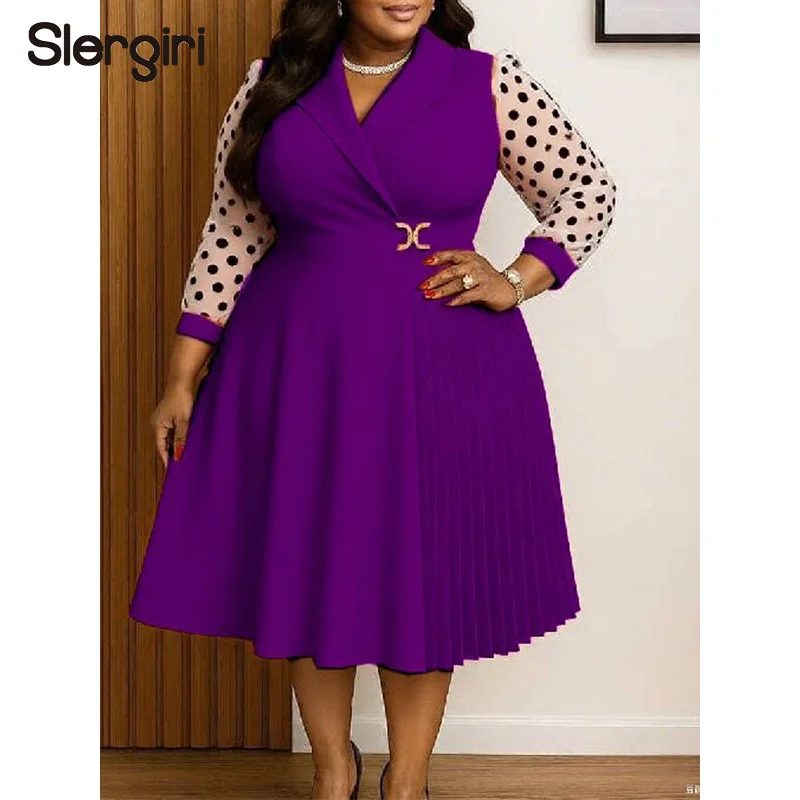 

Slergiri Plus Size Polka Dot Long Sleeves Pleated Dress Women Spring Summer High Waist Elegant OL Party A-line Long Dresses