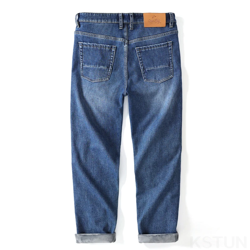 Celana Jeans Musim Dingin KSTUN 2025 Celana Jeans Pria Berbahan Stretch Hangat Celana Tebal Berlapis Fleece Celana Panjang Lurus untuk Fitness Bisnis Kasual Celana Jeans Biru