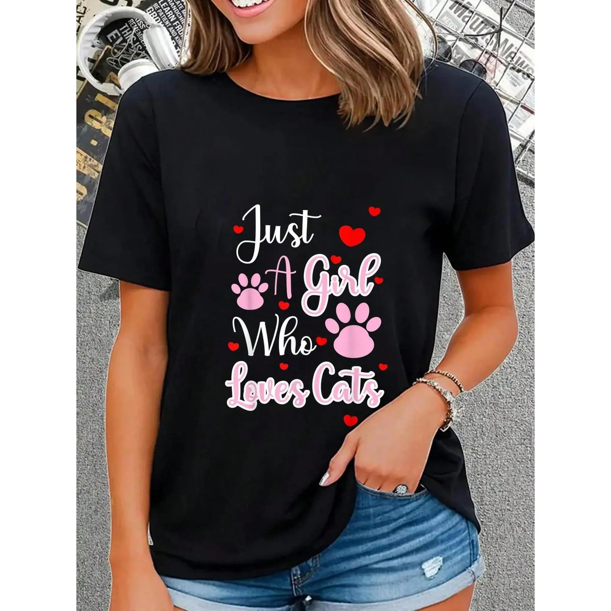

Women's "Just A Girl Who Loves Cats" T-Shirt | Cute Pink Paw Print Heart Tee | Pet Lover Gift Casual Top for Cat Mom