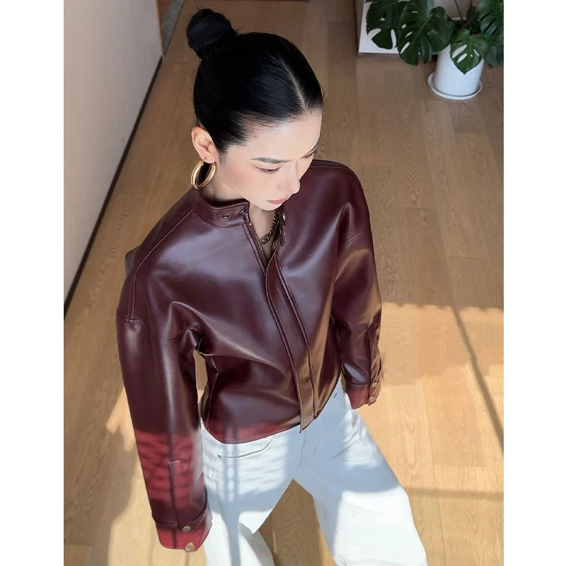 Women's Spring Autumn Tops Jacket Leather Coat Standing Collar Long Sleeve Cardigan Vintage Casual Designed Fashion Niche Skinny
