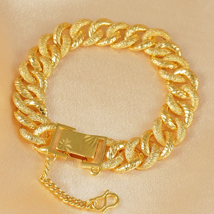 

High-quality 9999 gold wrist chain luxury 24K real gold matte Cuban chain bracelet for women hip hop style wedding gorgeous