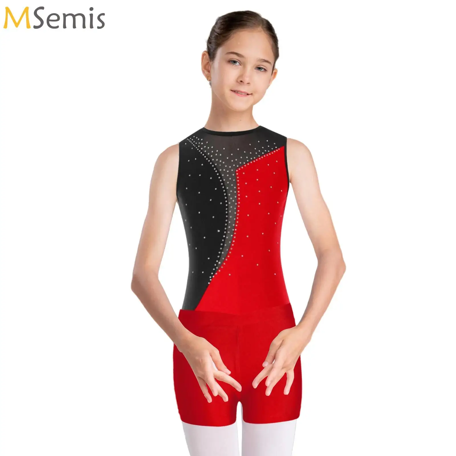 

Kids Girls Sleeveless Ballet Dance Leotard Shiny Rhinestones Gymnastics Bodysuit Jersey with Shorts Dancewear Balleina Costume
