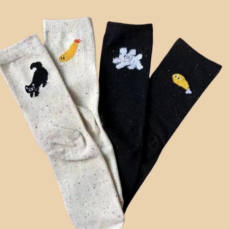 

3/6 Pairs Cute Cartoon Kitten Cute Illustration High Heel Flocking Colorful Dot Mid-tube Socks Breathable Casual Socks