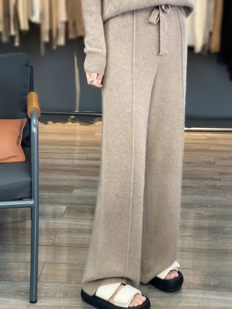

100% Pure Wool Wide Leg Pants Women High Waisted Loose Casual Versatile Knitted Straight Leg Pants Autumn Winter Soild Trousers