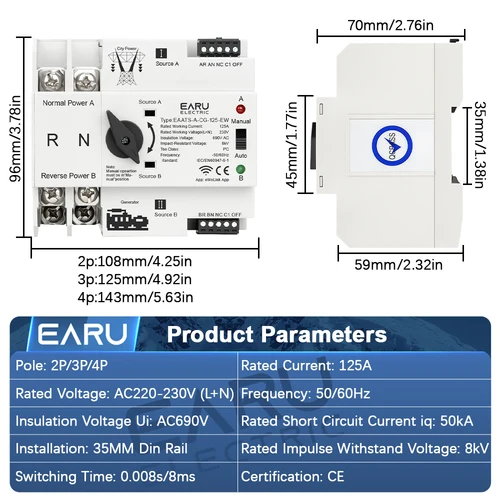 Imagen 2 del producto EWeLink WiFi Control remoto inteligente 2/3/4P 125A AC 230V ATS Doble potencia Transferencia automática Selector eléctrico ininterrumpido