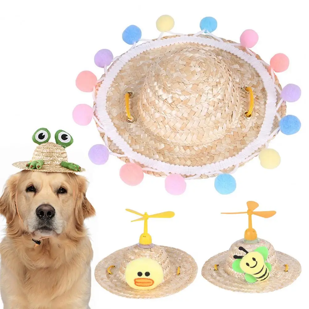 Dog Sun Hat Handwoven Pet Straw Hat for Dogs Cats Mini Sombrero Mexican Hats with Adjustable Drawstring Sun Protection