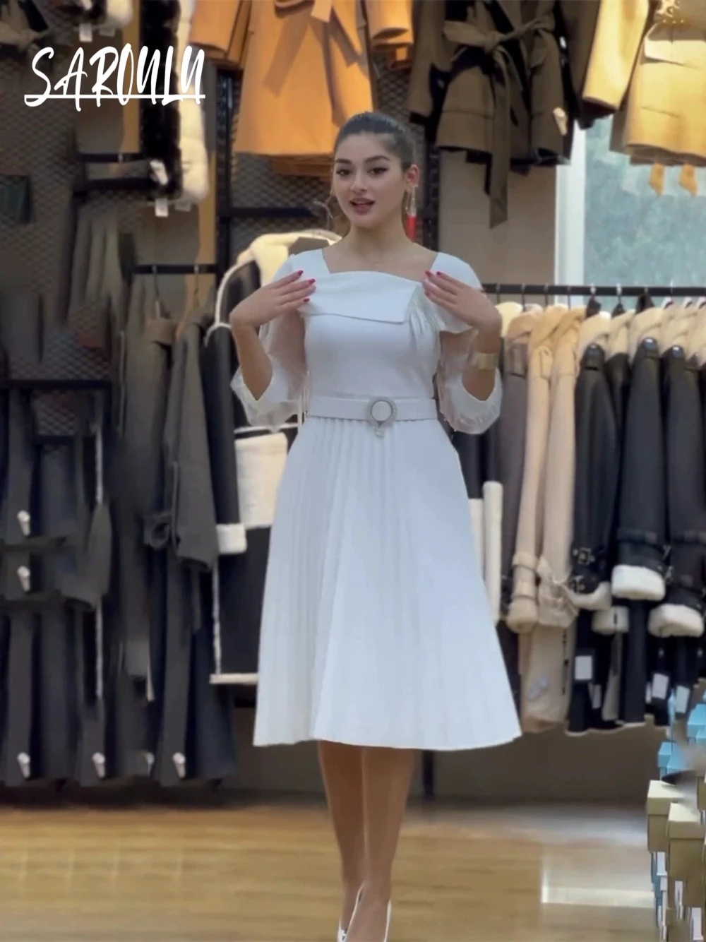 

White Pleated A Line Prom Dress Gorgeous On Sale Shiny Sleeves Evening Gown With Belt Women Simple Elegant Cocktail Wear