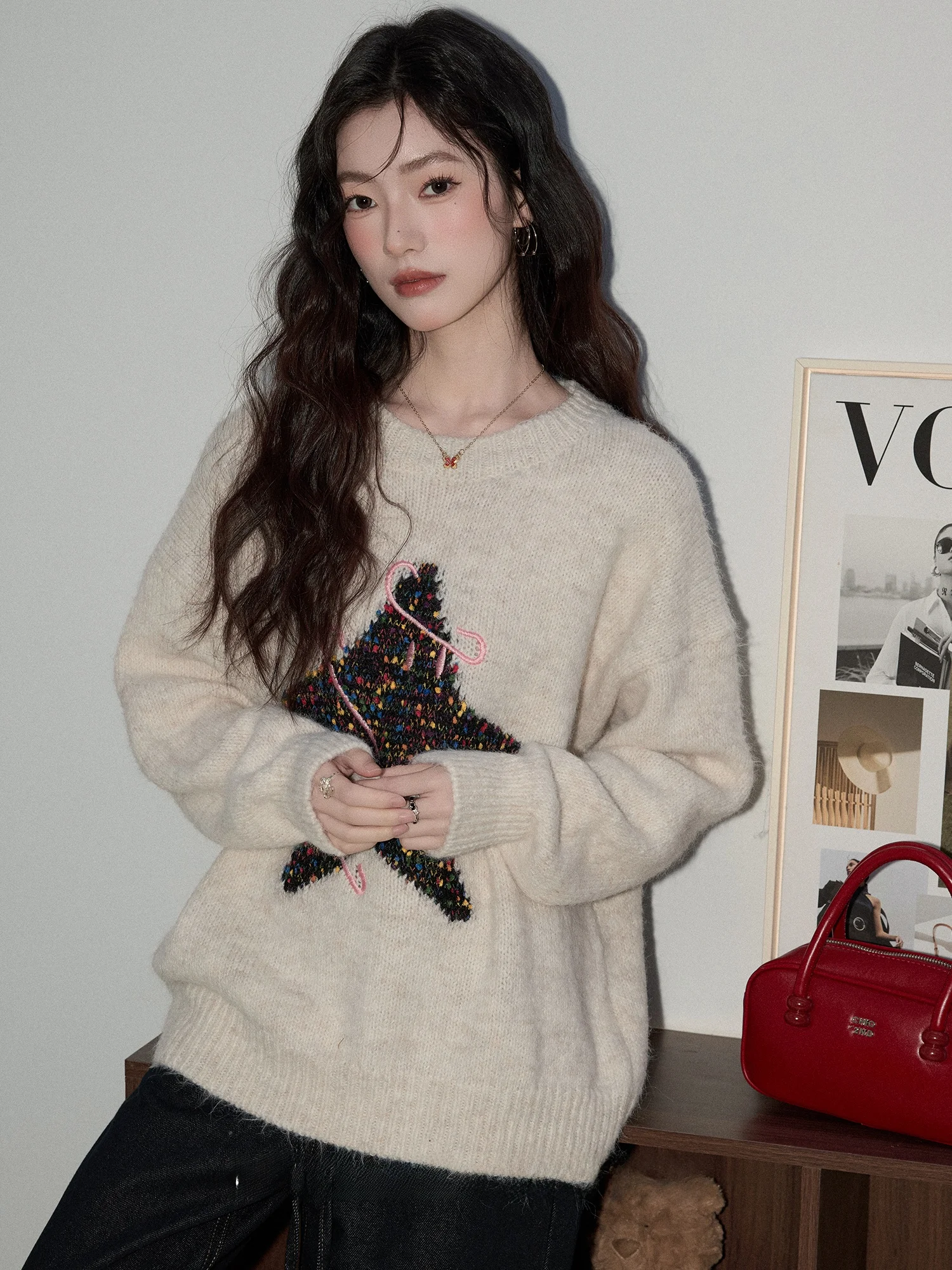 

Cisas Sle Loose Fit Women's Knitted Sweater Star Pattern Aosphere Feeling Lazy Sle Mid-Length Long Sve Top