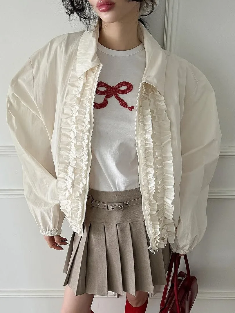 Early Spring Women's irt Jaet Loose Fit Vintage Turn-down Collar Zipper Design Versatile Open Cardigan Top