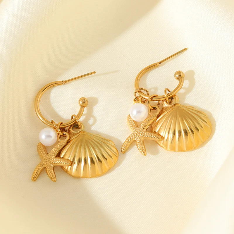 EILIECK 316L Edelstahl Goldfarben Seestern Muschel Perlen Halskette Ohrringe Set für Damen Trendiger Wasserdichter Schmuck Damengeschenk – Detail 10