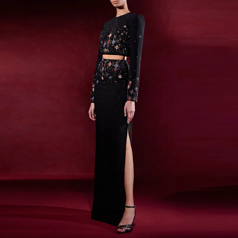 

Модный темпераментный новый женский короткий топ с длинными рукавами и круглым вырезом, прочный, с бриллиантами, с шипами для ногтей, короткий топ + длинная юбка