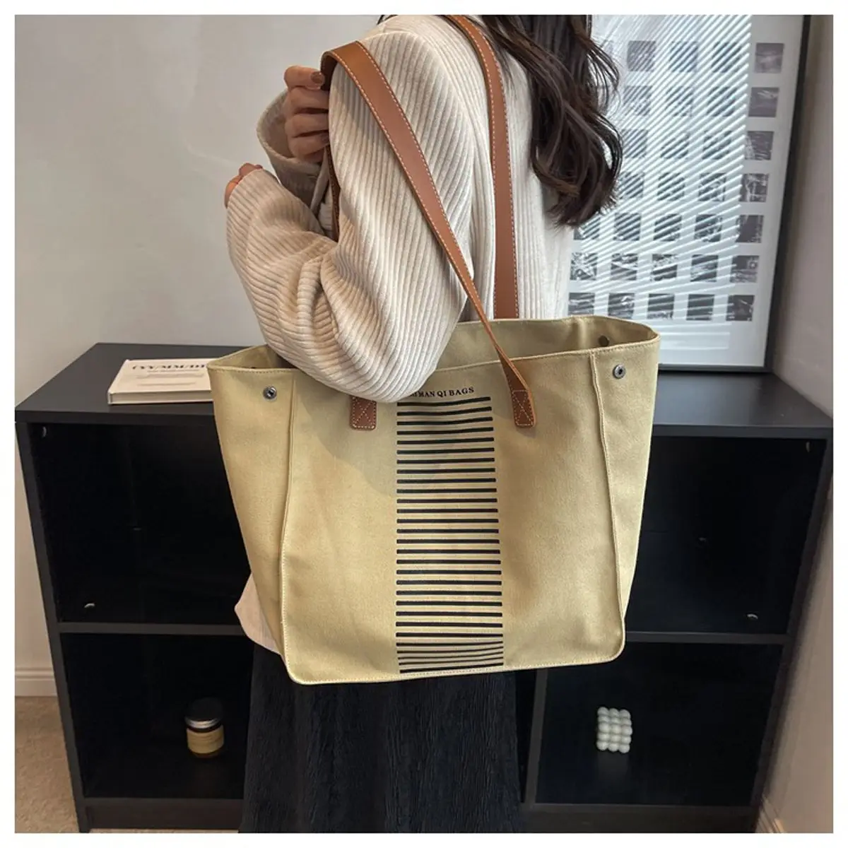 Womens Tote Canvas Shoudler Bag Female Letter Striped Casual Bag for Work Fashion Hand Bag