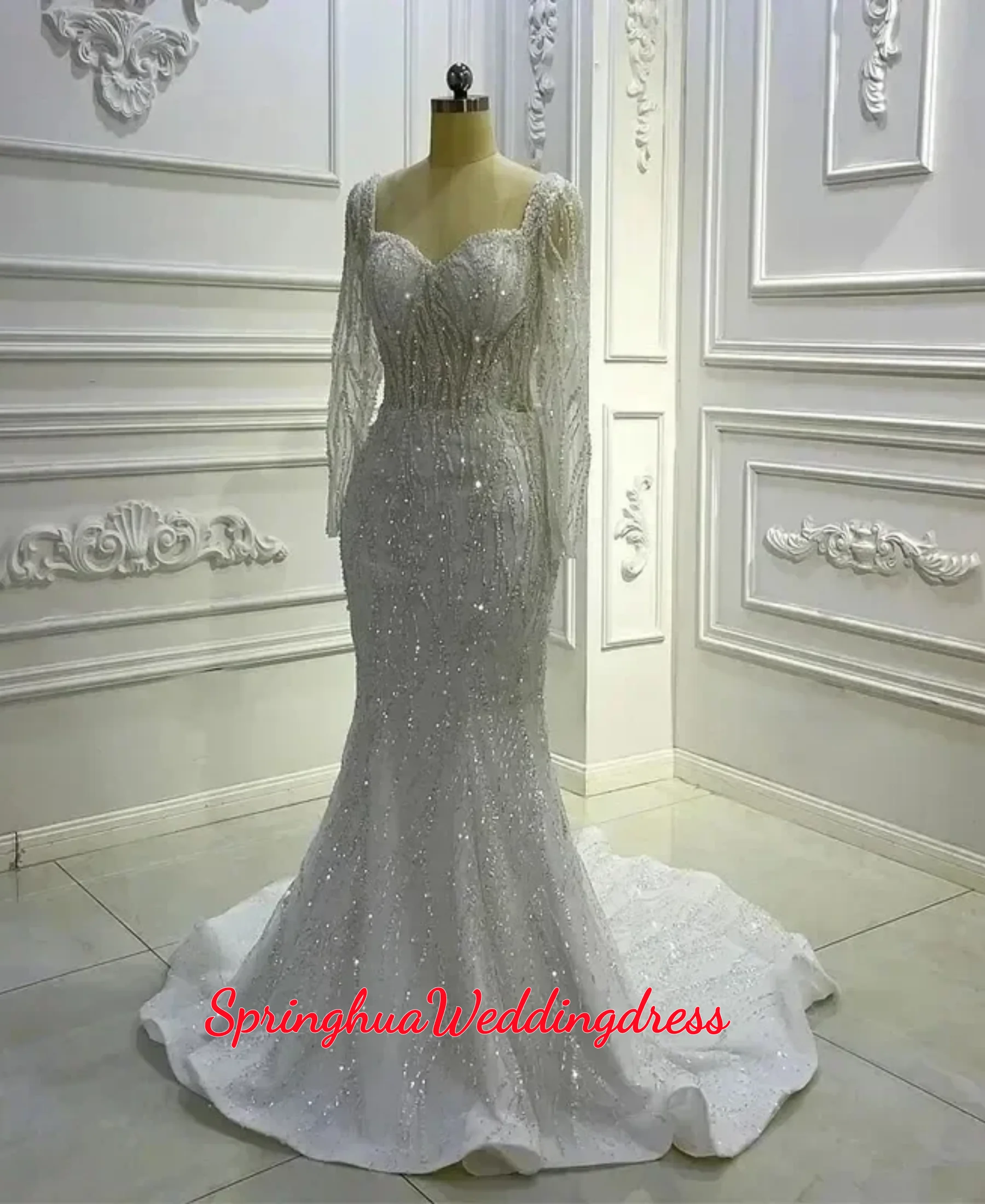 

Customzied Luxury Glitter Modern Sweetheart Heavy Bead Rhinestone Mermaid Wedding Dresses Overskirt Long Sleeves Bridal Gowns