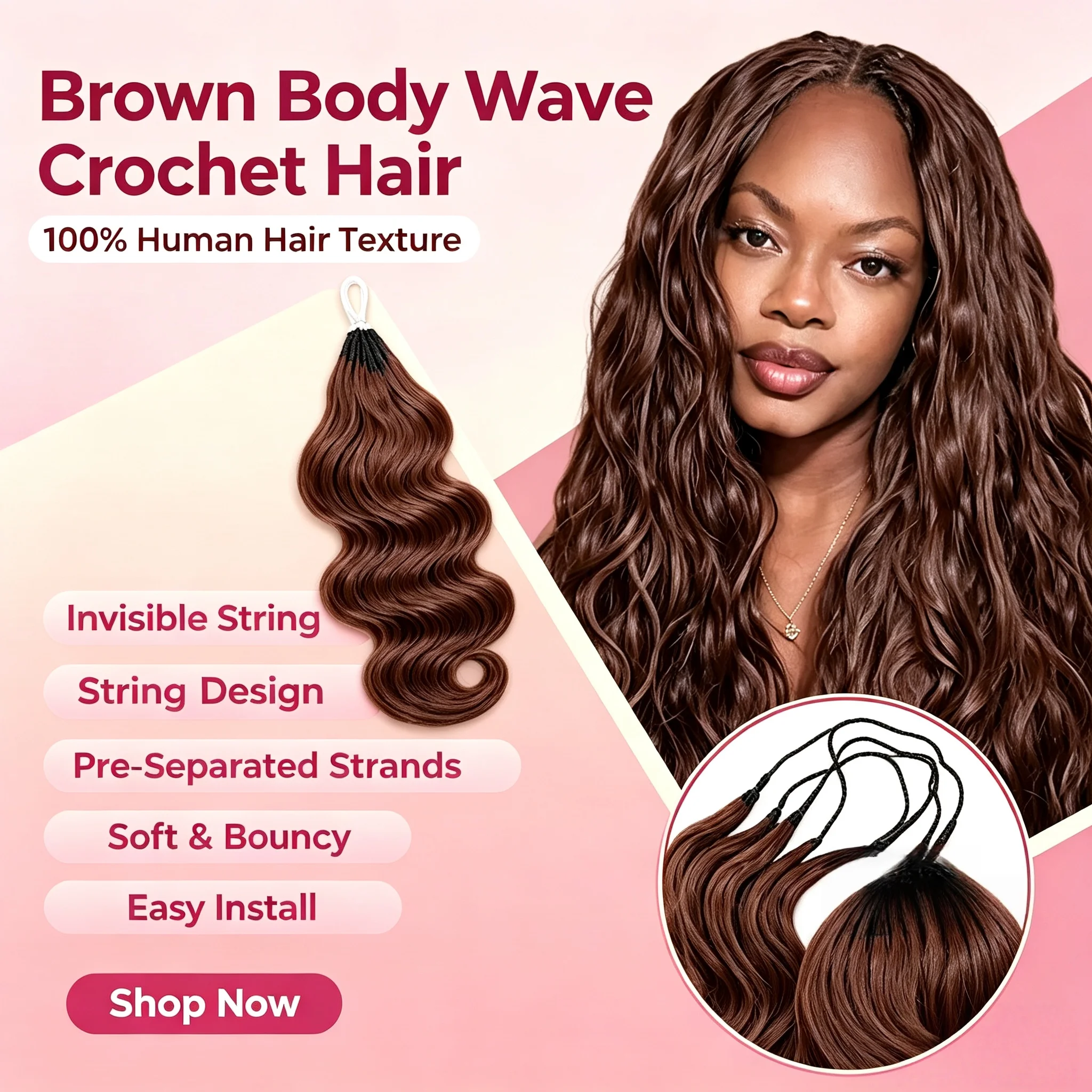 Smilegirl 4 #   Extensions de cheveux humains au crochet Drak Brown Body Wave, pré-séparées, invisibles, tresses miracle, extensions de cheveux au crochet effet plume, sans couture