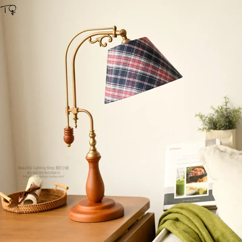 American Retro Vintage British Grille Table Lamp LED Solid Wood Adjustable Decorative Desk Lights Bedroom Bedside Coffee Sofa