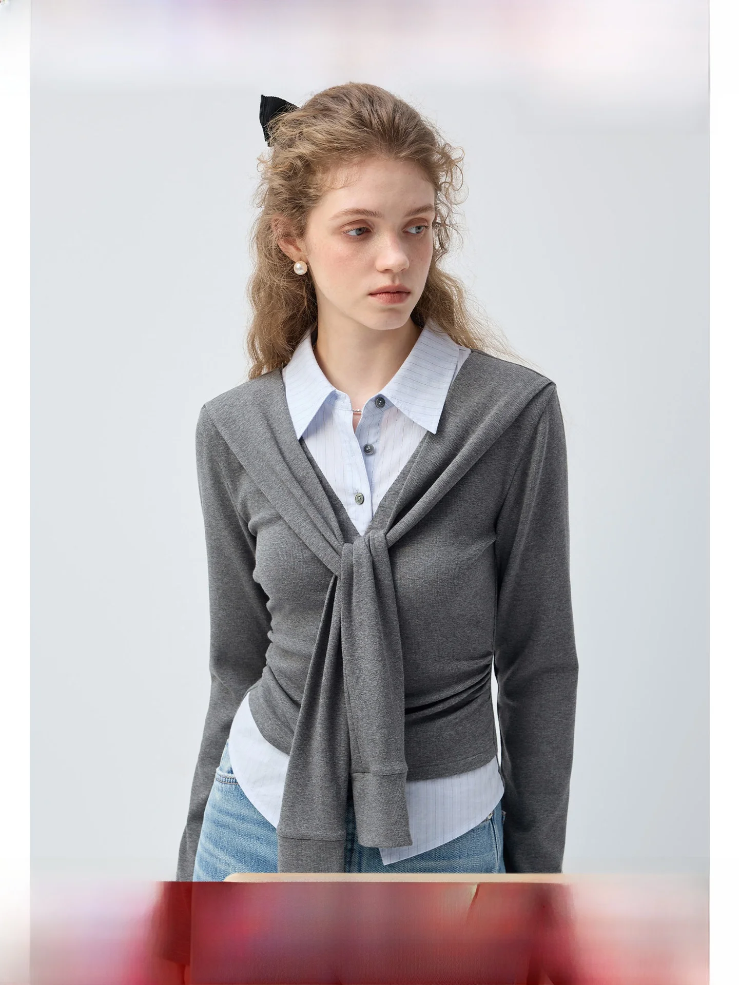 

Женская футболка Vega Chang с длинным рукавом и воротником-стойкой, с поясом, имитация двухслойного дизайна, весна 2026, для повседневной носки, приталенный крой, в корейском стиле...