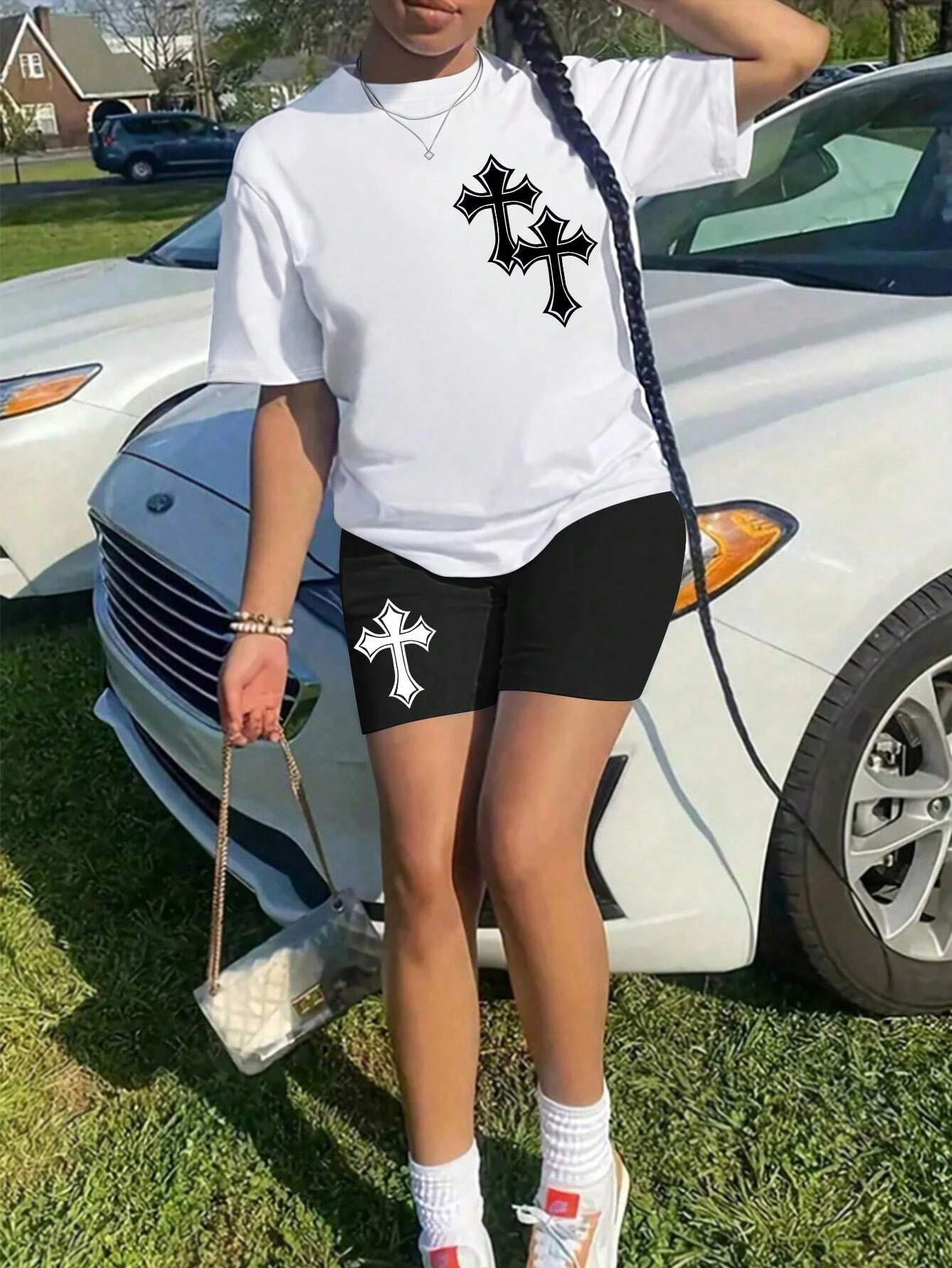 

Funny Cross Pattern Printing Women T Shirts Two Piece Set Fashion Novel Short Sets Breathable Comfortable Shirt Shorts Female