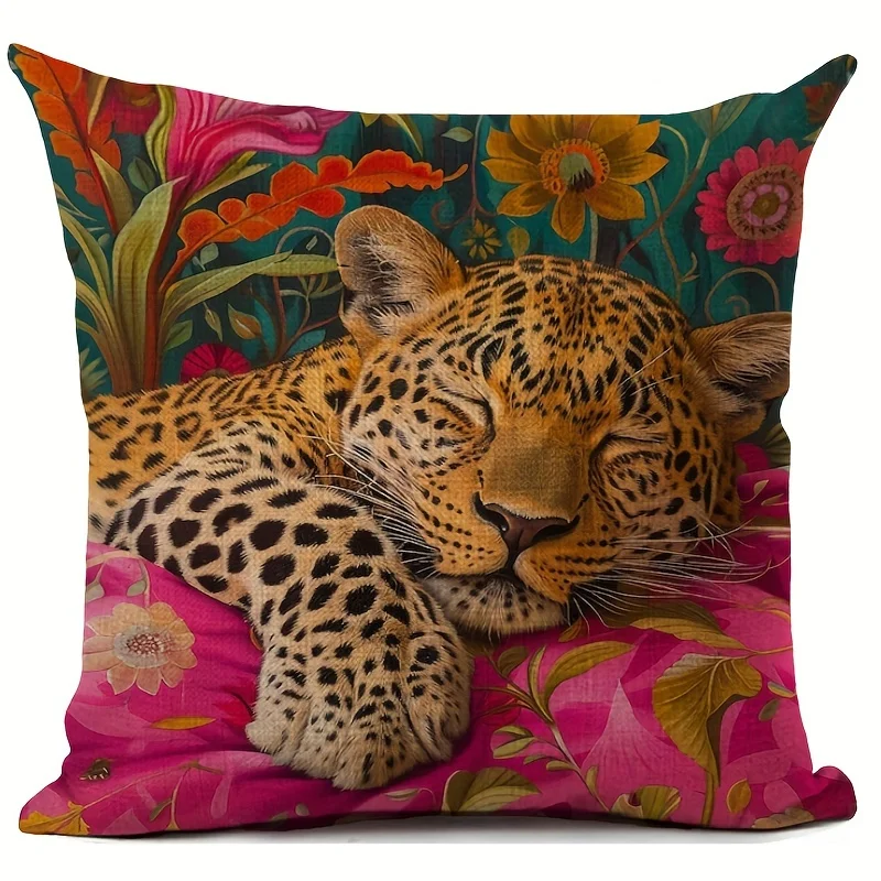 1pc Artistic Sleeping Leopard Pillow Cover, 2D Double-Sided Print Polyester Throw Pillow Case, Maximalist Floral Decor, Elegant