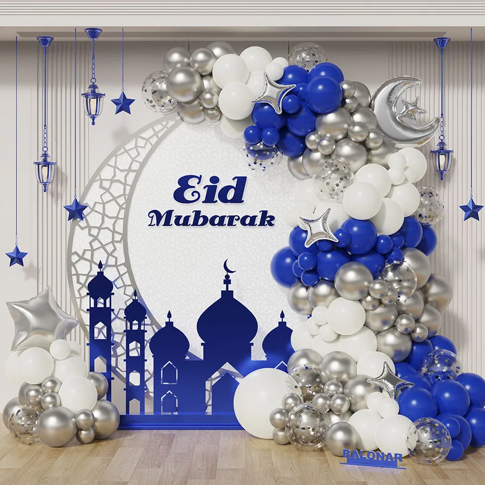 

128pcs Klein Blue White Gold EID Mubarak Balloon Garland Arch Kit Islam Ramadan Moon Star Foil Balloon Birthday Party Decoration