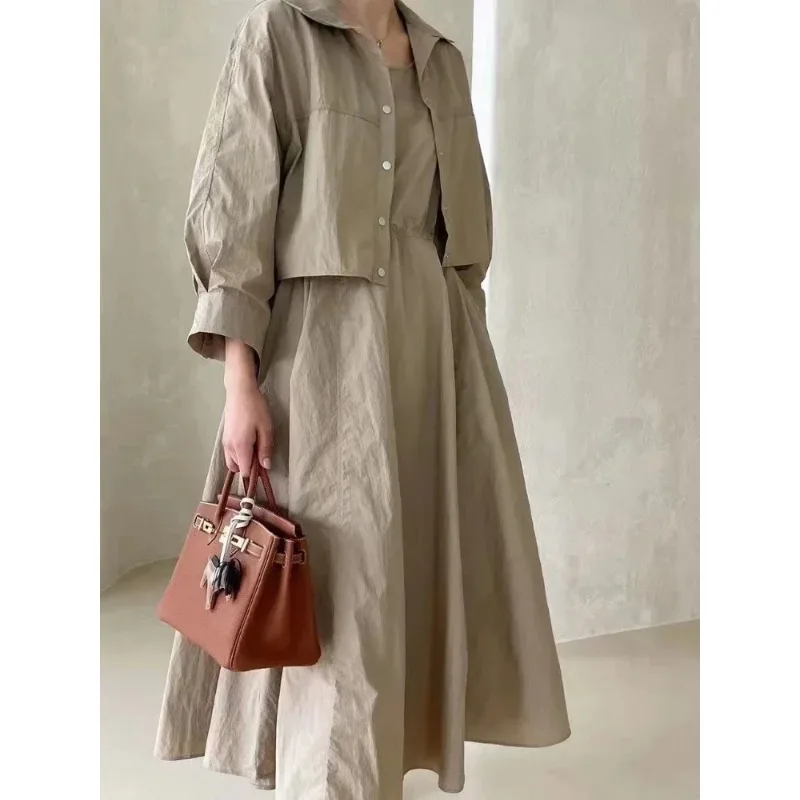 

Dresses for Women 2024 Autumn New Turn-down Collar Solid Long Sleeve Coat Sleeveless Dress Sets Korean Fashion Women's Clothing