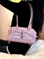 JIAERDI Plaid Pink Bow Handbag Purse Women Hot Girls Large Capacity Bowling Bag Ladies Harajuku Underarm Bag Bolsos Aesthetic