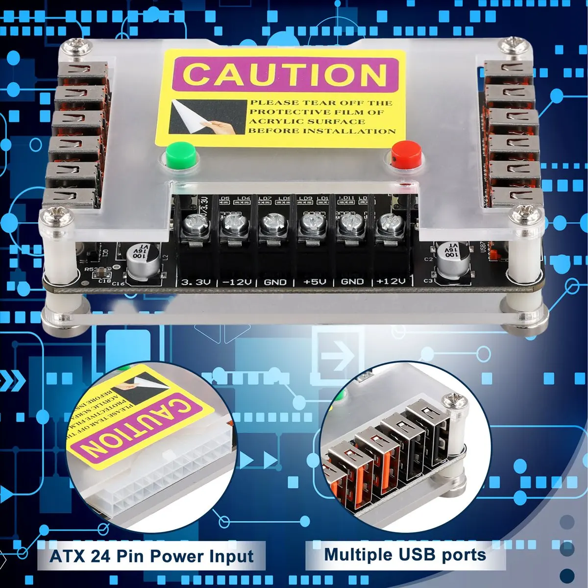 

Плата-разветвитель и корпус для блока питания ATX A32M с выходным напряжением 3.3В, 5В, 12В, -12В и 12 портами USB, максимальный выходной ток 3А