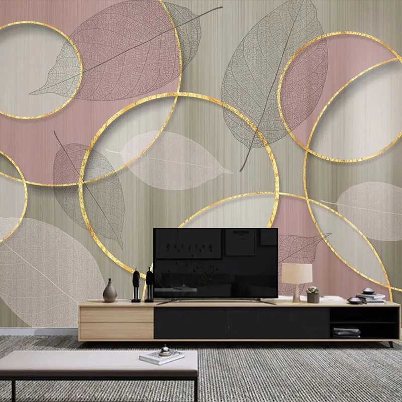 Custom Foto Tapete 3D Stereo Goldenen Kreis Transparente Blätter Rosa Hintergrund Wand Dekor Wohnzimmer Schlafzimmer Kunst Wand Papiere