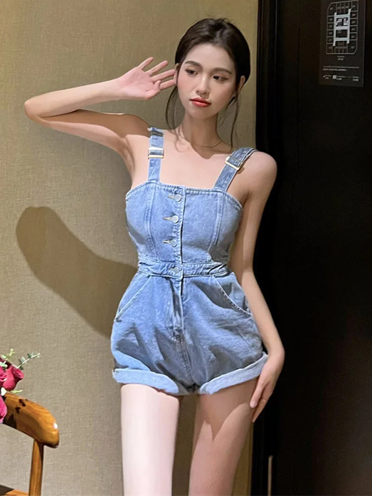 Playsuits Women Sexy Girls Pockets Summer BF Ulzzang Fashion Denim Casual Elastic High Waist Clothes Cute Newest