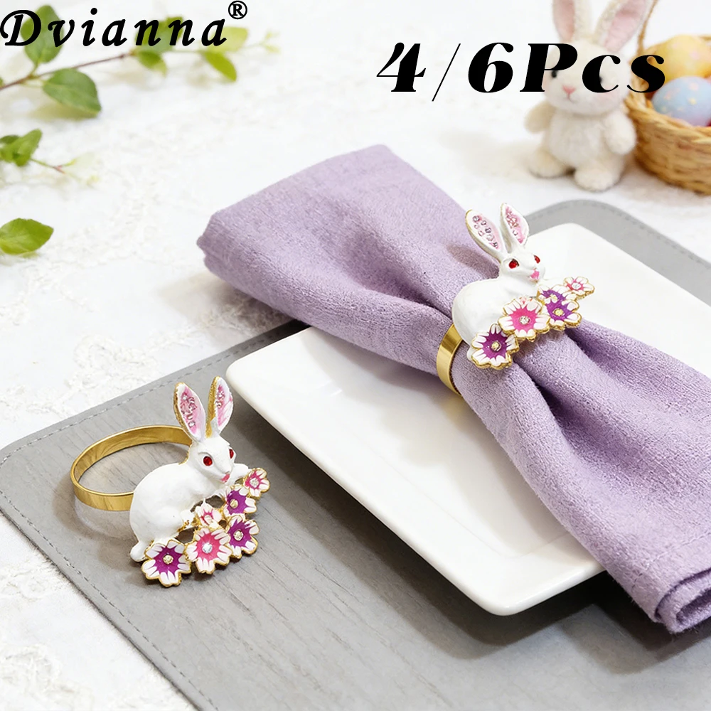 4/6 Buah Cincin Serbet Kelinci Paskah Berhiaskan Batu Rhinestone dan Enamel untuk Dekorasi Meja Makan di Rumah saat Pesta Paskah Musim Semi