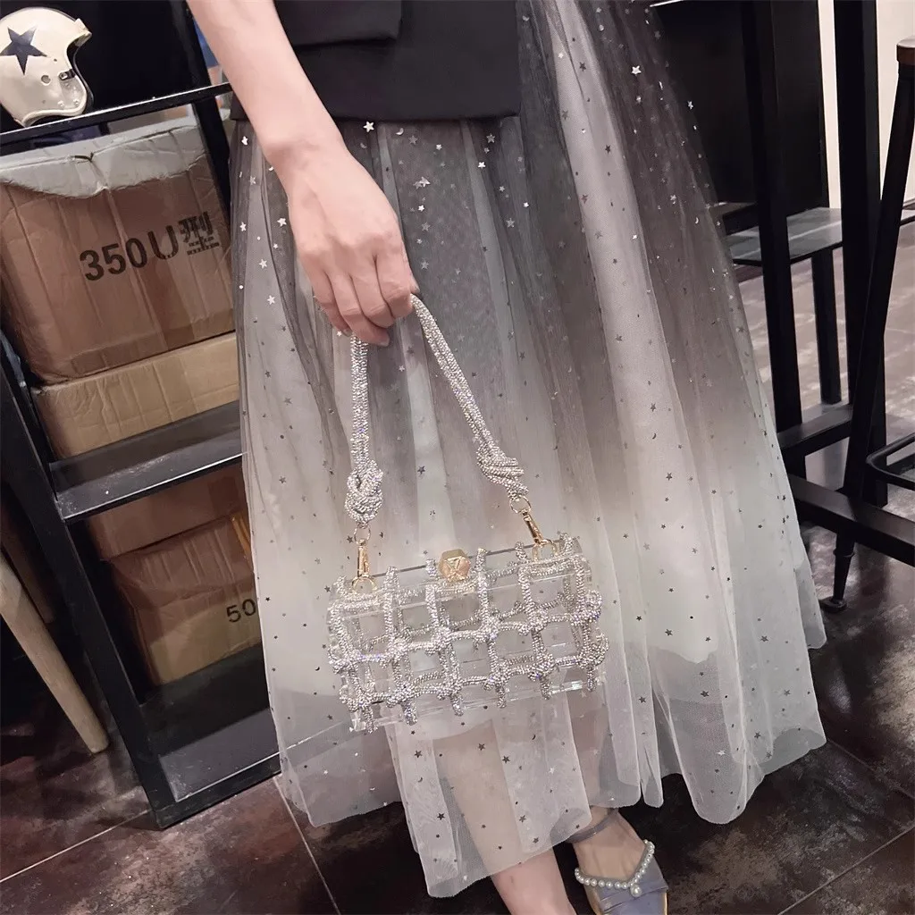 Luxury Women Handbag Glitter Rhinestones Diamond Transparent Acrylic Box Wedding Party Clutch Purse Shoulder Crossbody Bag