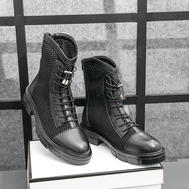 Summer Men's leather boots Designer Thick Sole Mesh Hollow Out Outdoor Fashionable Breathable Motorcycle High Bond Leather Shoes