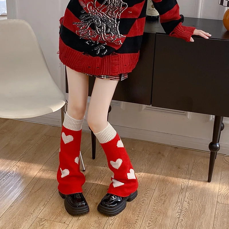 Red Heart Bowknot Wide-leg Long Pile Calf Socks Women's Winter Warm Knitted Foot Covers JK Girl Trend Lolita Crochet Leg warmers