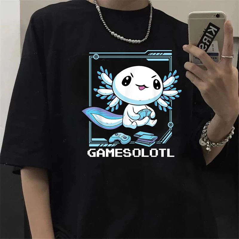 Kawaii Cartoon Gamesolotl Gamer Axolotl T Shirt Women Summer Tops Graphic Tees Hip Hop Unisex Grunge Aesthetic Tshirt Female