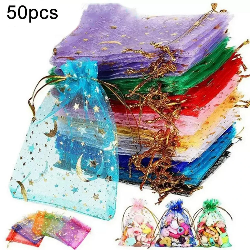 50 bolsas de regalo de organza con diseño de luna y estrella, multicolor, pequeñas, con cordón, para bodas, Halloween, Navidad, fiestas, dulces y empaques.