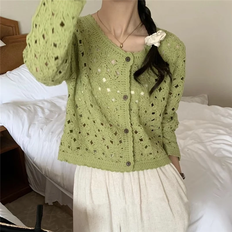 REALEFT Spring Summer Hollow Out Women\'s Knitted Cardigan Single Breasted Bohemiam Outwear Casual Korean Green Tops Female