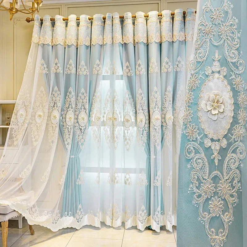 

European High-grade Simple Modern Curtains for Living Dining Room Bedroom Integrated Blackout Double Embossed Embroidery