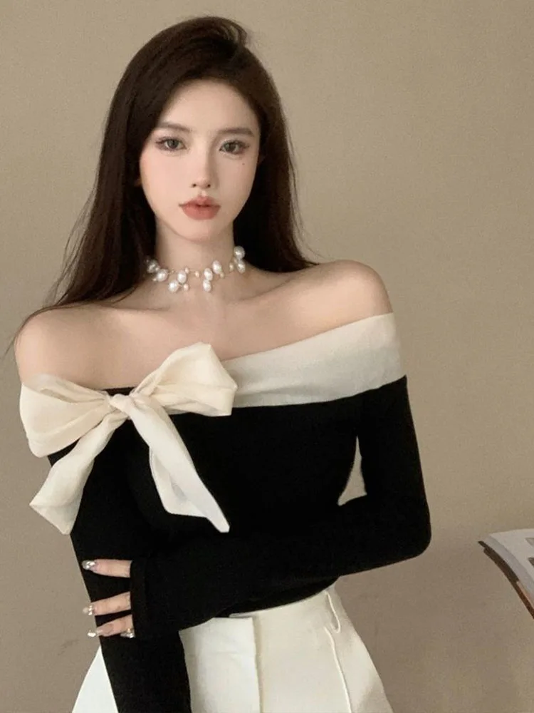 French Style Sweater Women Bow Slash Neck Patchwork Off Shoulder Knitted Tops Sexy Slim Stretch Pullovers Ladies Elegant Jumpers