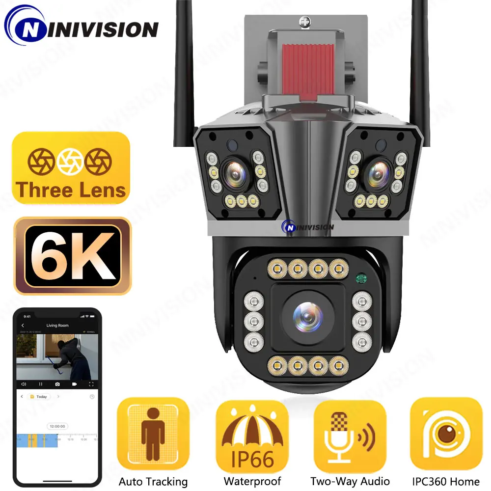 

6K 12MP HD WiFi IP Camera Outdoor Audio PTZ 4K 8MP Three Lens Three Screen Security Auto Tracking CCTV Surveillance IP Cameras