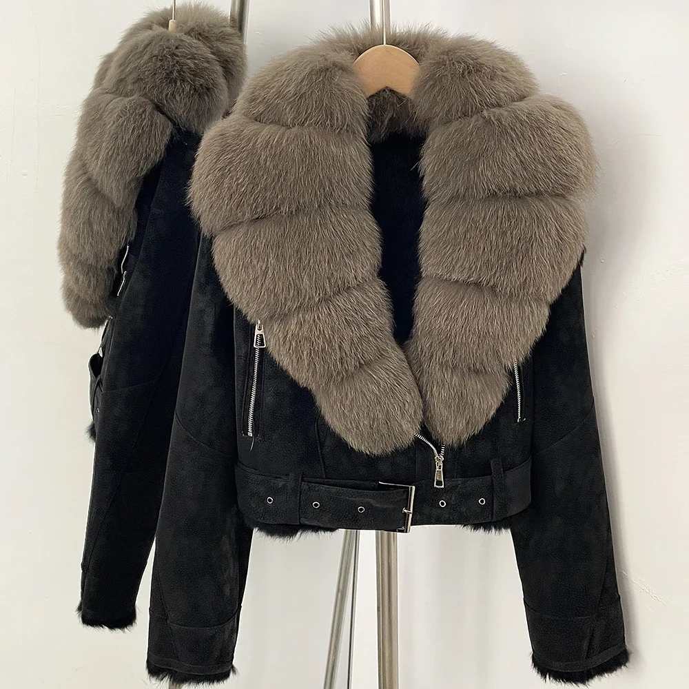 OFTBUY Luxus-Gürtel Natürlicher Kaninchenfellmantel Damen Kurze Wildlederjacke mit Echtfuchs-Fellkragen Neue Herbst-Warmbekleidung für Frauen – Detail 19