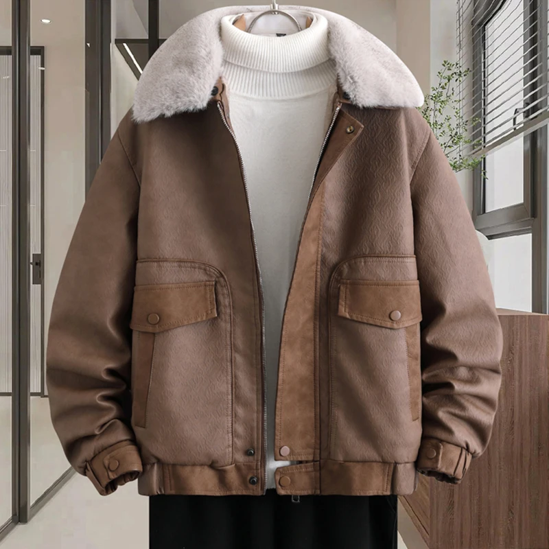 High Quality Winter Men's Thicken Fleece Faux Leather Jackets Youth Slim Windproof Fur Collar Plush Coats Streetwear Tops Parkas