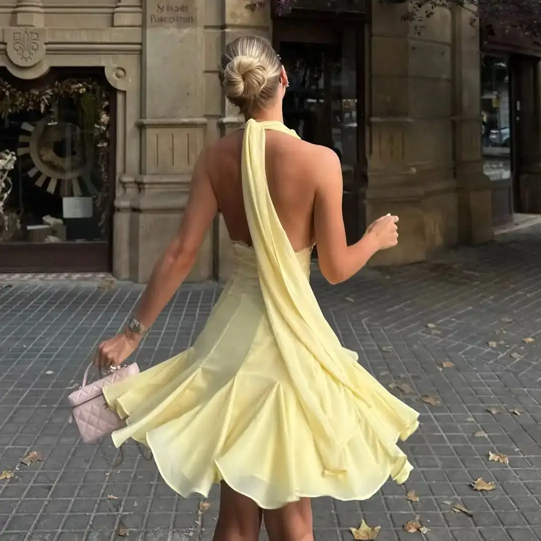 Ofherown جديد أصفر الرسن العميق الخامس عارية الذراعين الدانتيل الشيفون فستان سهرة صغير المرأة أنيقة حفلة كوكتيل ثوب رسمي فساتين لحضور الحفلات الموسيقية