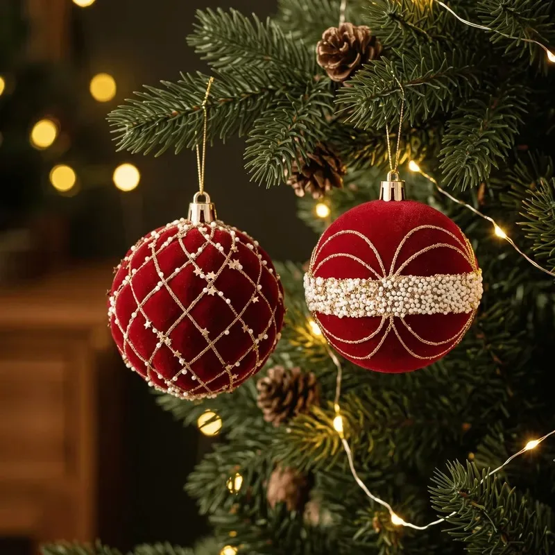 8Cm 9-piece flocked star pattern Christmas ball Christmas tree pendant gift box, suitable for holiday home decoration