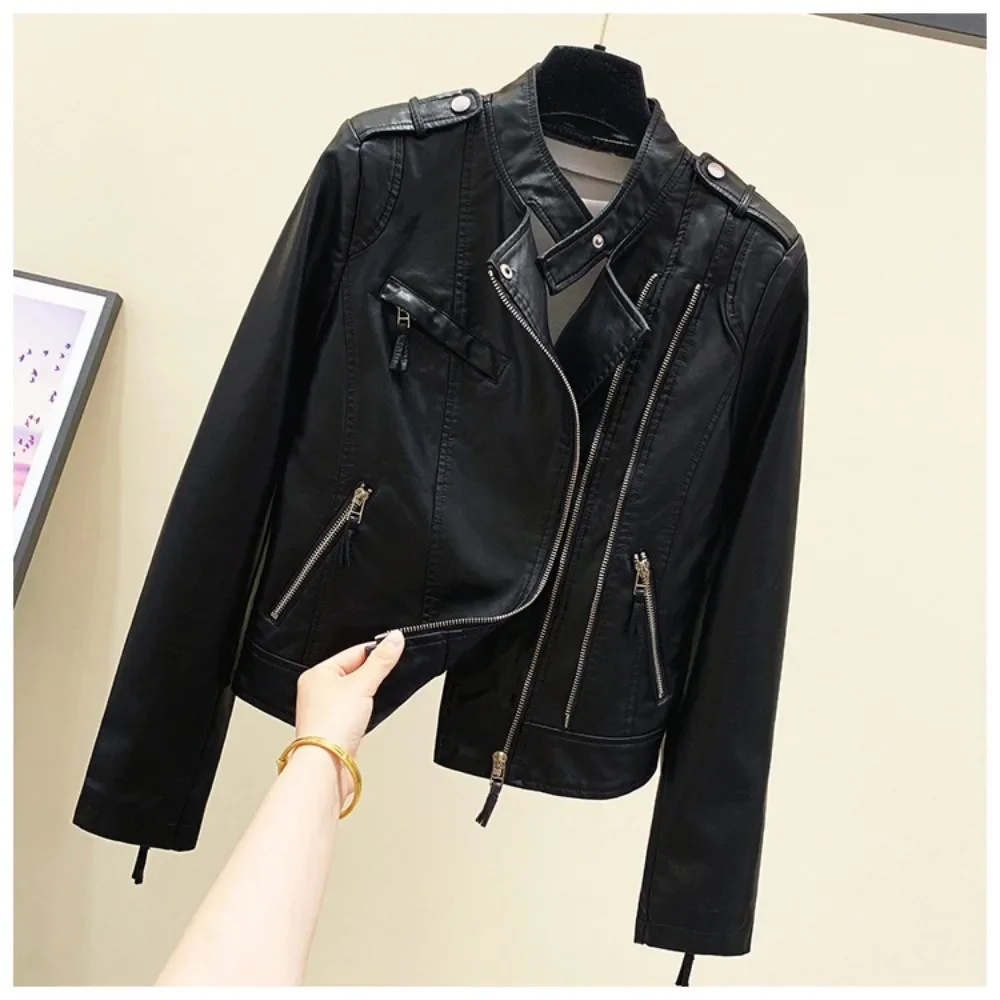 2024 PU Motorcycle Leather Jacket Women Autumn New American Ladies Style High Waist Slim Net Short Spring Small Coat