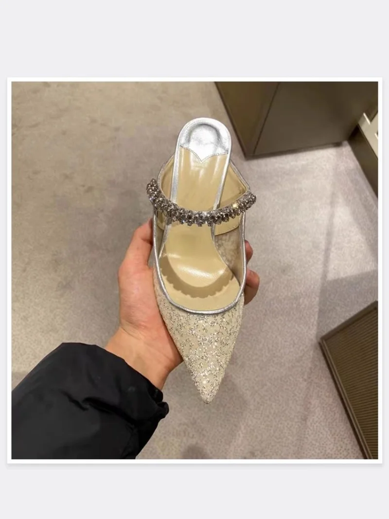 

2025 Summer New Women's High Heel Sandals Pointy Toe Mesh Sequin Rhindiamond-Decorated Elegant Sexy Banquet Women Shoes