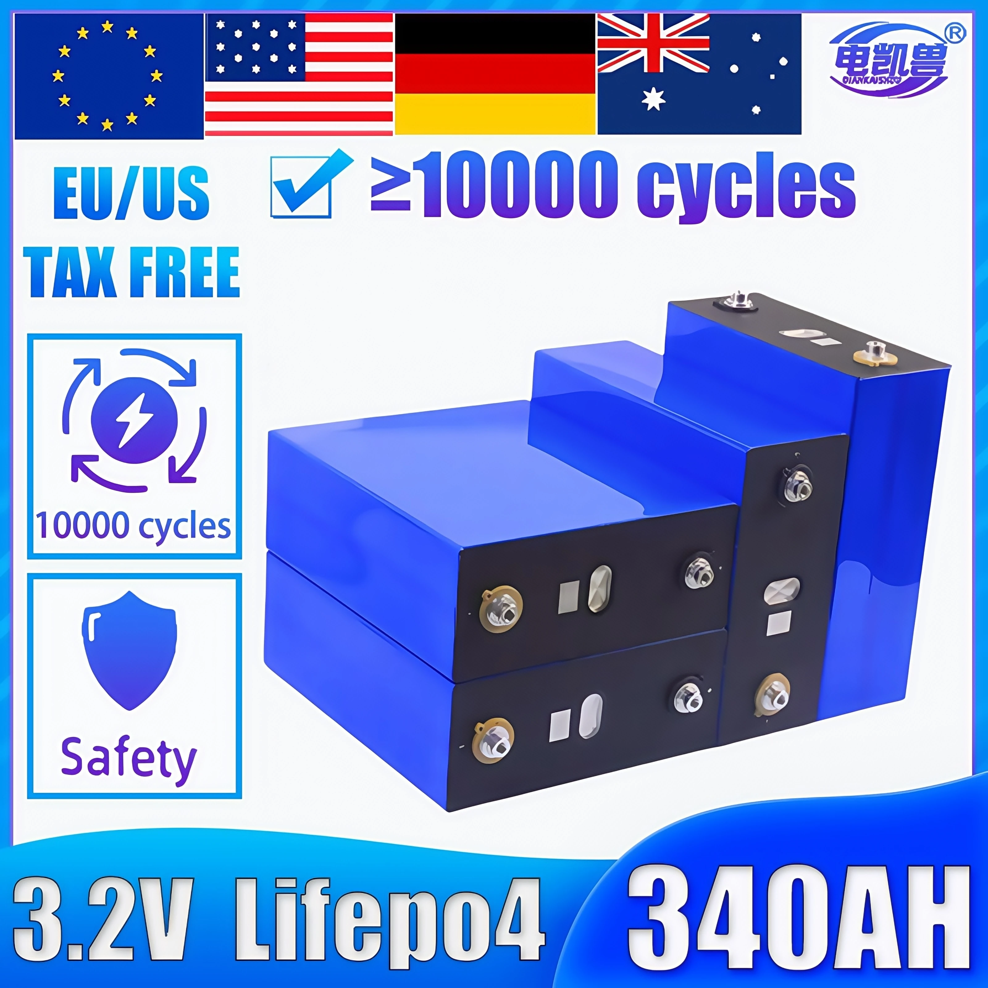 

DIANKAISHOU 3.2V 340Ah Grade A Lifepo4 Rechargeable Battery for DIY 12V 24V Solar System Lithium Iron Phosphate EV RV Golf Cars