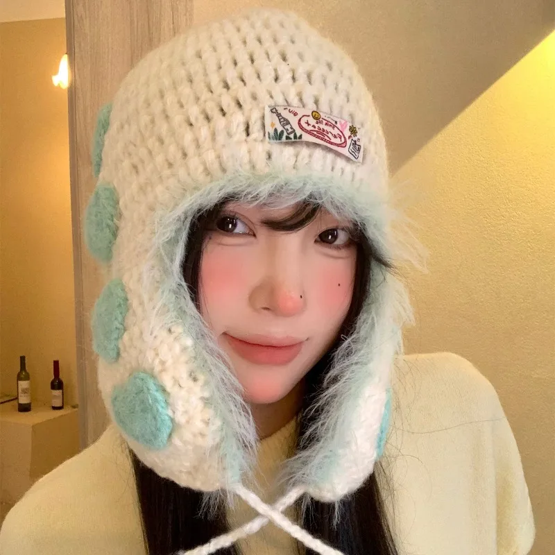 

Autumn and Winter Love Hand-crocheted Plush Ear Protectors Knitted Hat Women's Korean Version Outdoor Warm Lace-up Bomber Hats