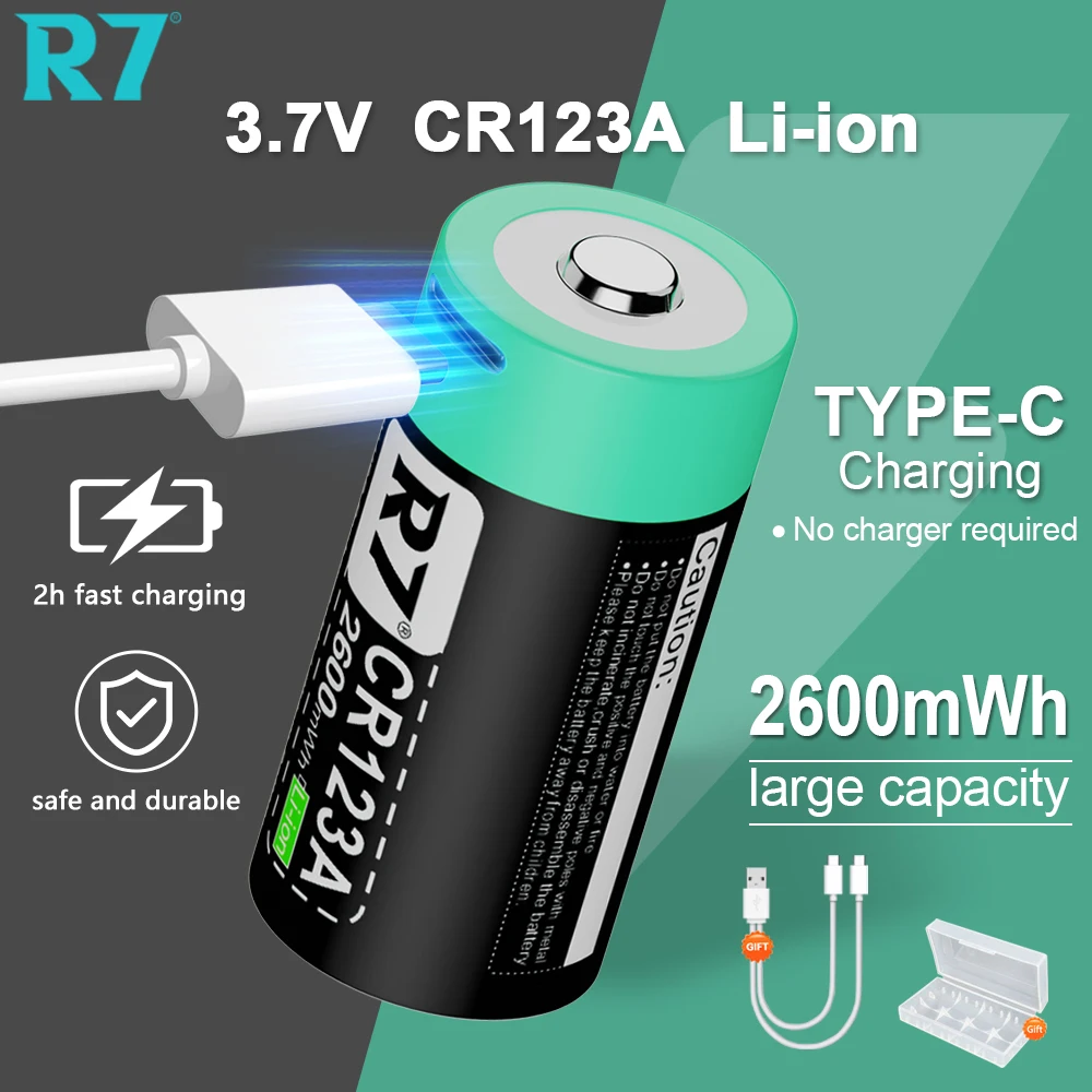 R7 CR123A Battery 2600mWh 3.7V Rechargeable Li-ion 16340 Batteries For LED Flashlight 16350 RCR123 Battery+USB Type-C Cable