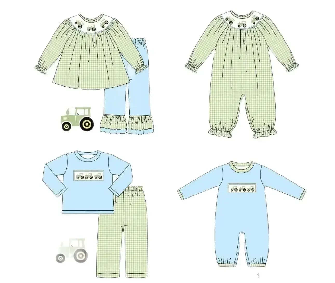 

New high-quality children's set long-sleeved elastic car print trousers lace girls boys plaid trousers set baby romper