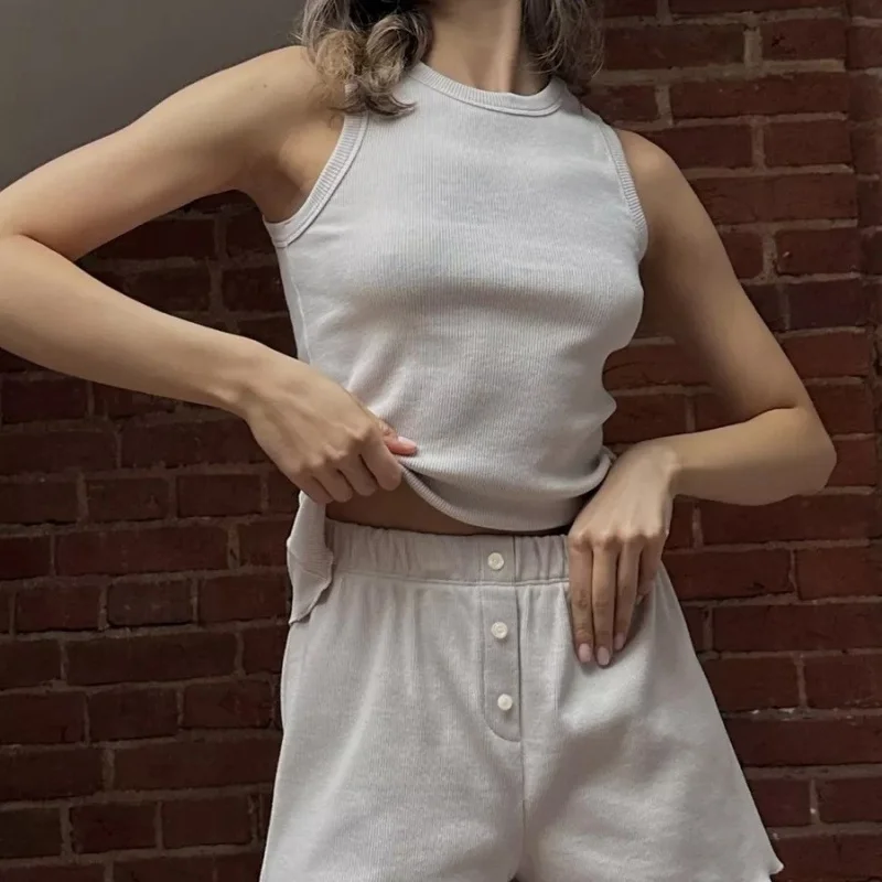 Conjunto de pijama de estilo americano para primavera/verano, chaleco cómodo de Color sólido, Top y pantalones cortos, ropa de descanso informal, conjunto de dos piezas